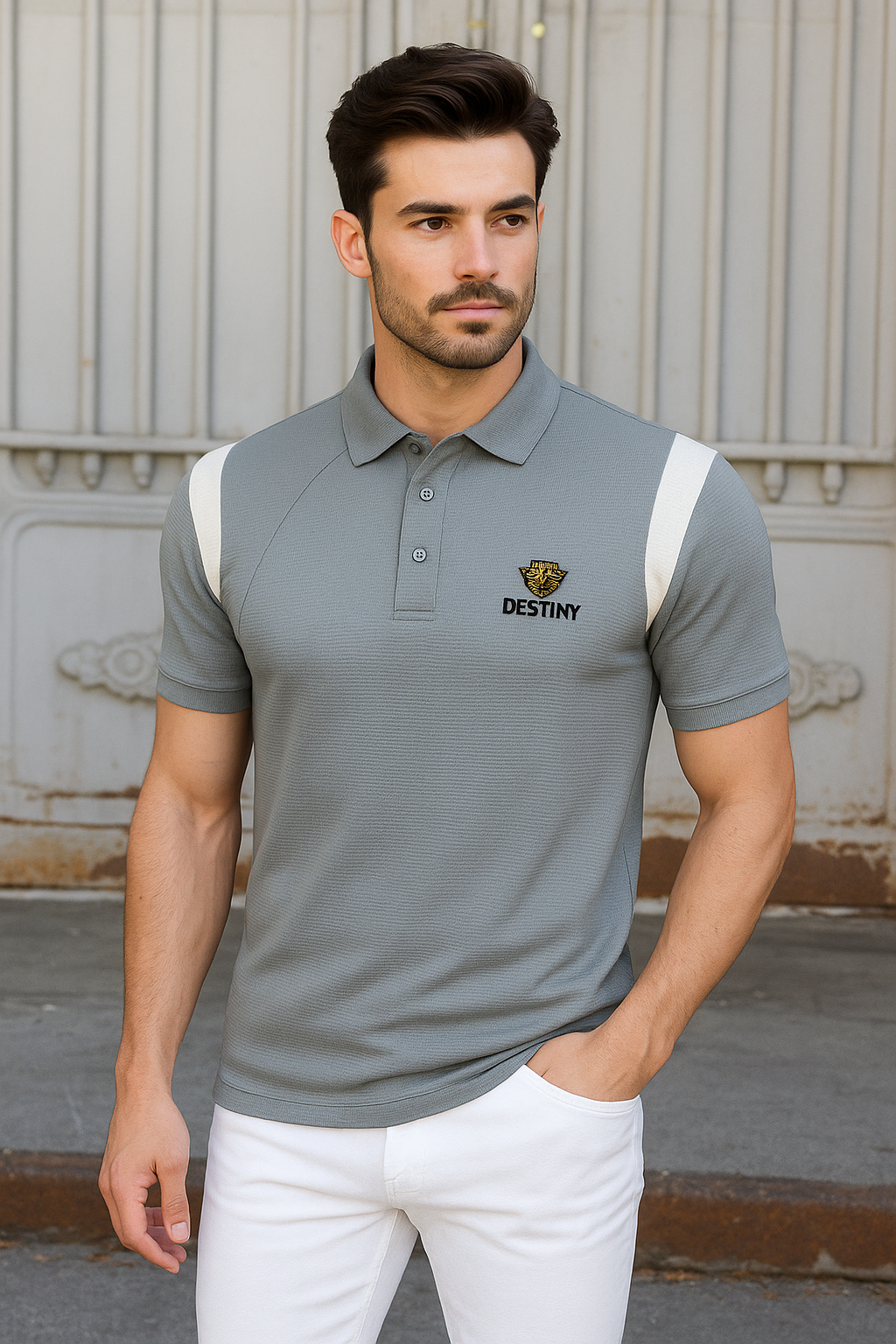 Men's Polo T-Shirt with Contrast Shoulder Panels | DESTINY Logo | Casual Slim Fit